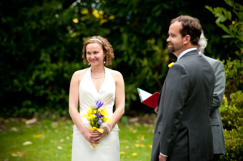 Bride smiling at guests in Golden Gate Park