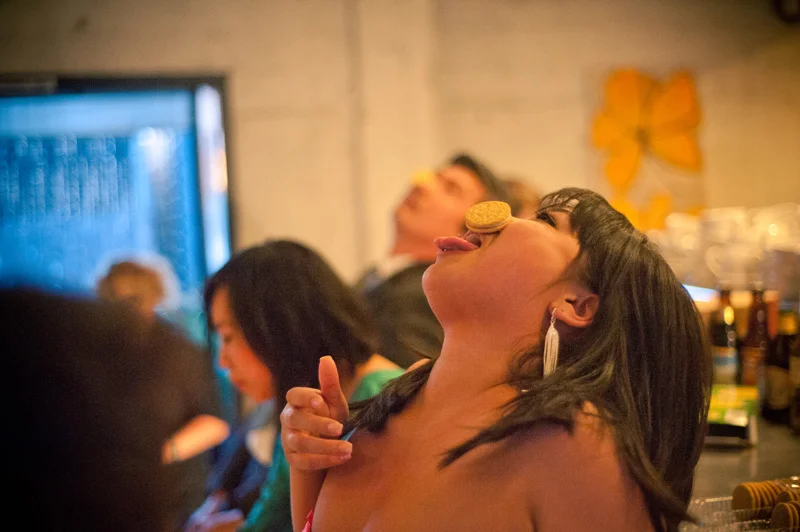 Wedding guest with cookie on face