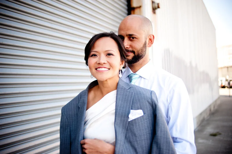 Bride wearing Groom's jacket in San Francisco, CA