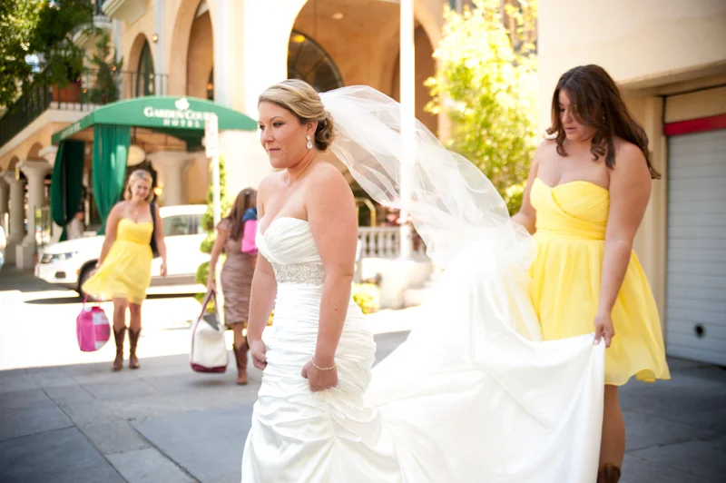 Bride leaving Garden Court Hotel in Palo Alto, CA