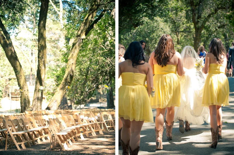 Bridesmaids carrying wedding dress train