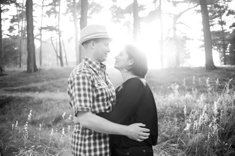 Presidio engagement session with golden evening light