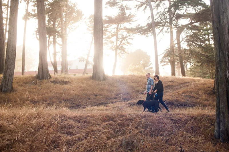 Engagement session with dog and golden light in San Francisco