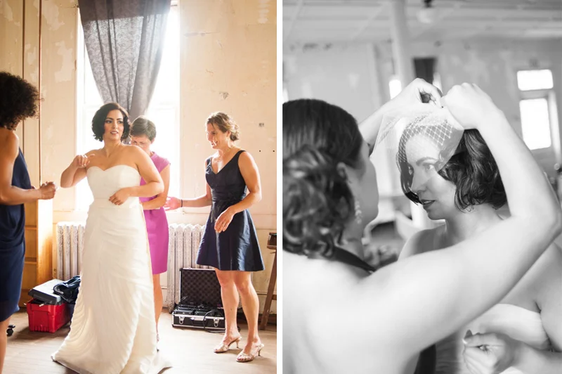 Friends helping bride get ready inside Headlands Center for the Arts