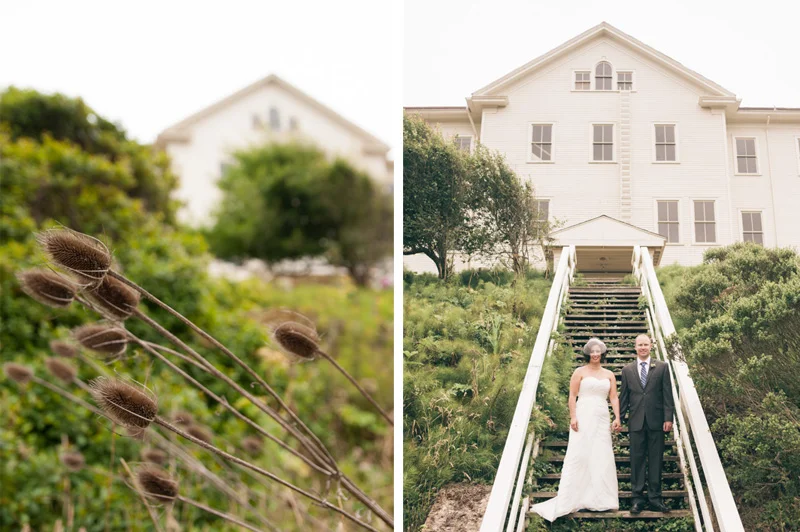 Bride and Groom on wooden stairs at the Headlands Center for the Arts
