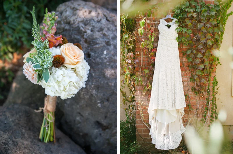 Bouquet on stone and wedding dress on ivy