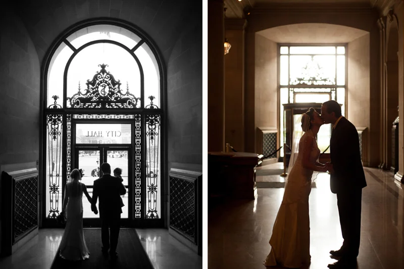 Bride and Groom walking thru doorway at San Francisco City Hall
