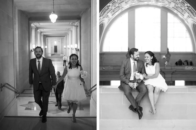 Black and white candid of couple at San Francisco City Hall
