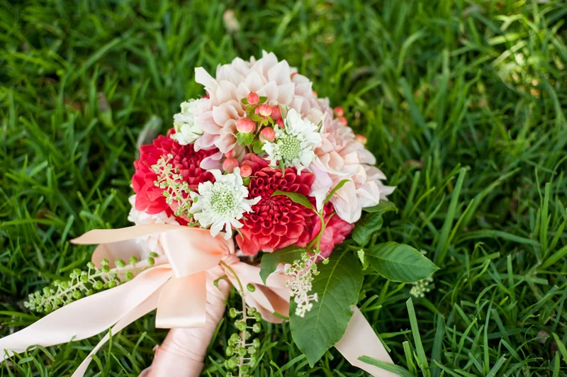 Wedding bouquet on grass near Lake Merritt