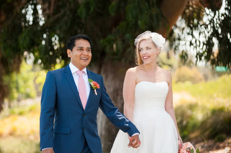 Bride and Groom walking along Lake Merritt in Oakland