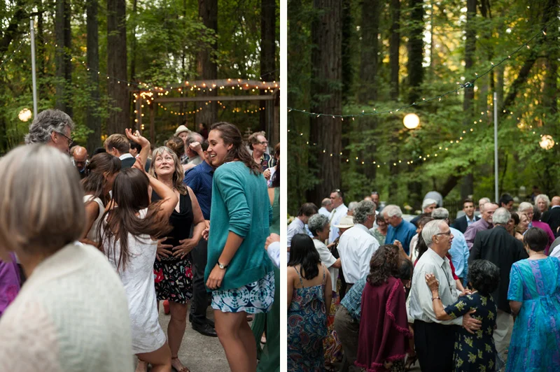 Wedding guests dancing among redwoods at Griffth Woods