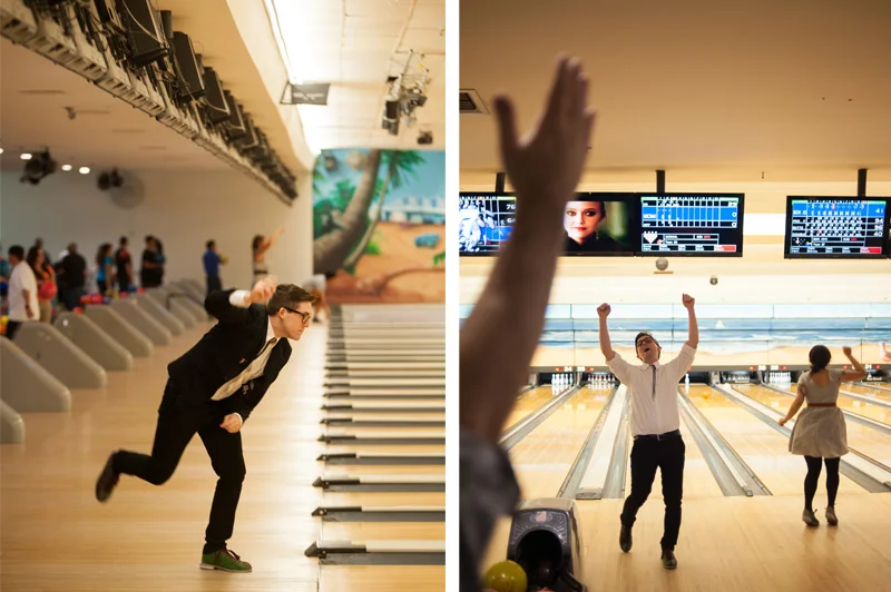 Groom celebrating during bowling in Pacifica, CA