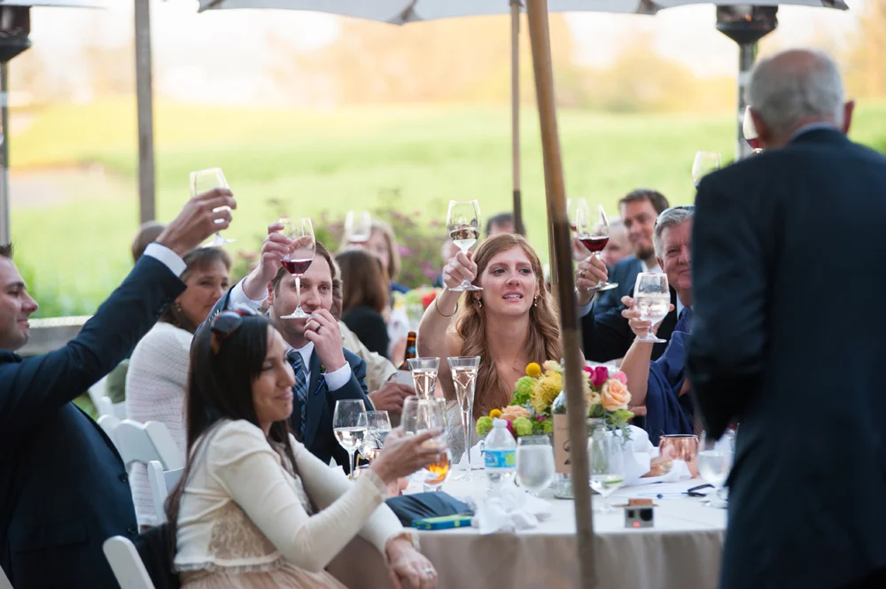 Cheers! Bride and the groom raise their glasses