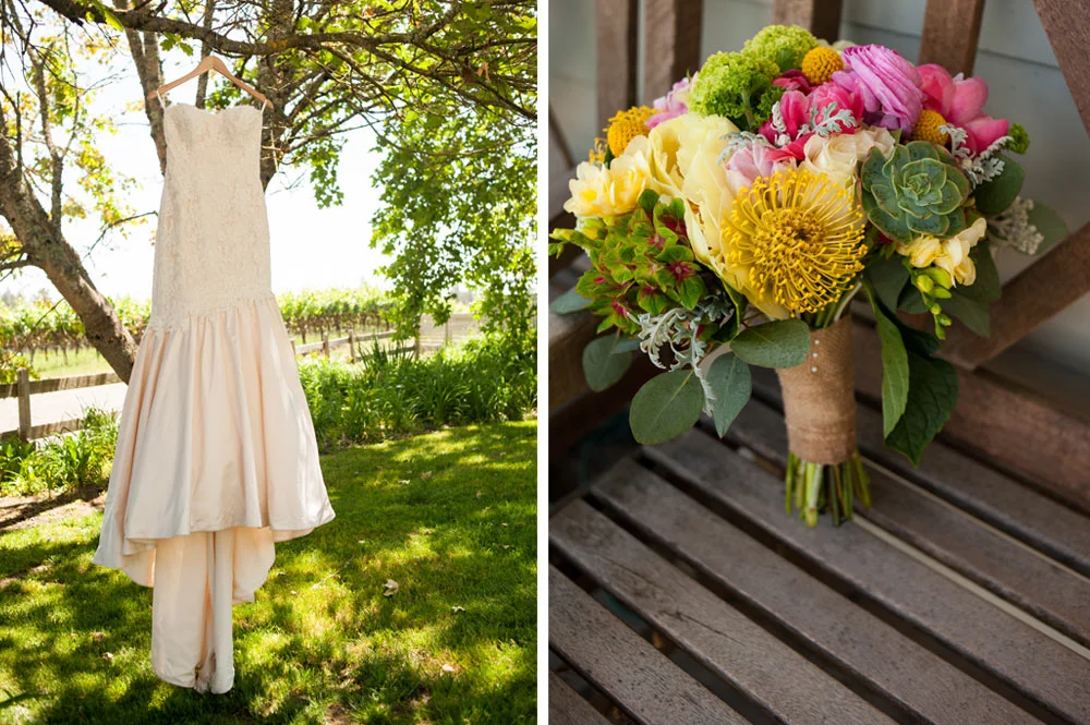 Detail photo of wedding dress hanging in tree and bridal bouquet