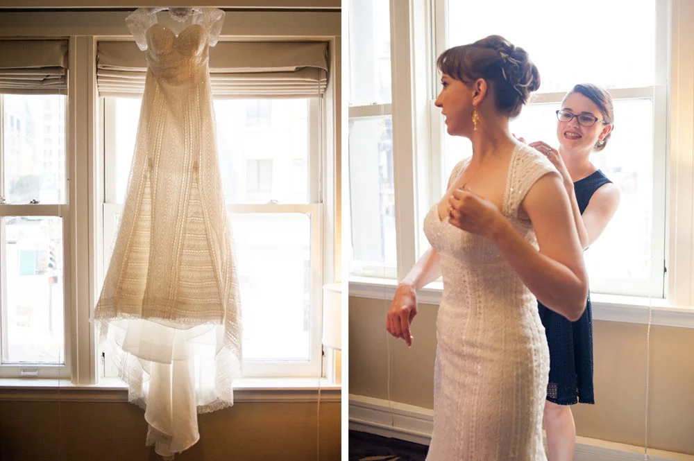 Photo of wedding dress hanging with photo of bride getting ready in San Francisco hotel room