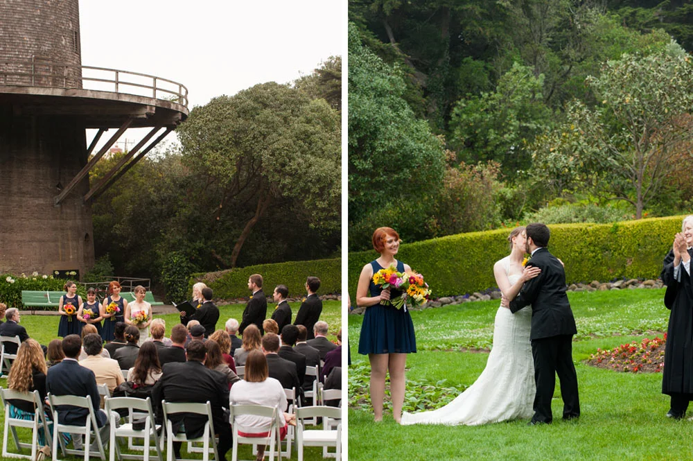 Side by side photos of wedding ceremony in Tulip Garden