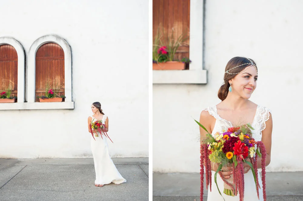 Bohemian bride in front of white wall at Wente Vineyards