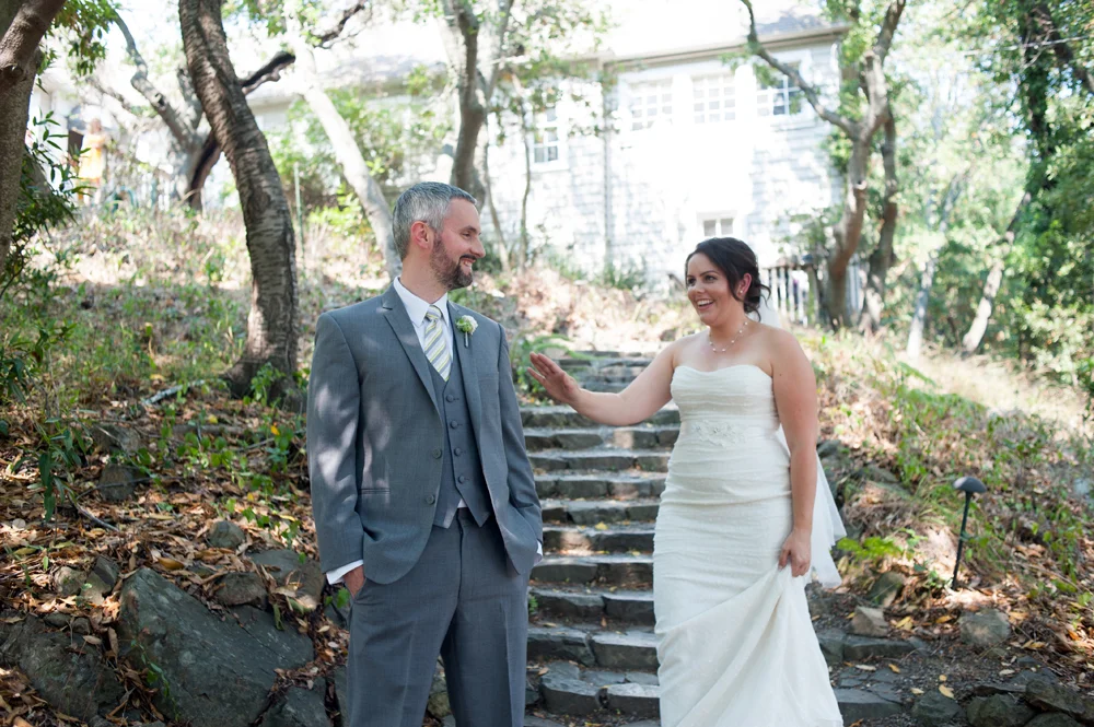 Bride seeing groom for the first time during first look at Scout Rock in Oakland