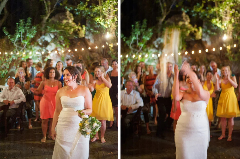 Bride tosses bouquet at Scout Rock in Oakland