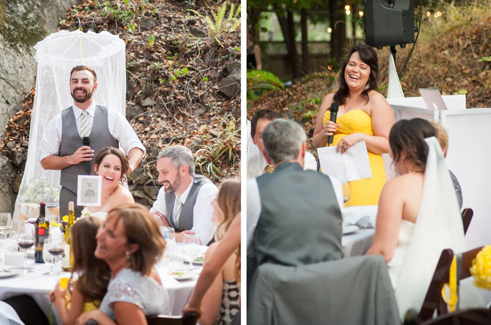 Best man and maid of honor giving wedding toasts