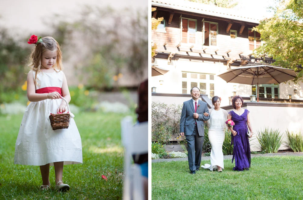 Photo of flower girl walking down aisle and photo of bride walking down aisle