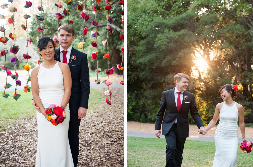 Portrait of bride and groom on the University of California Berkeley campus