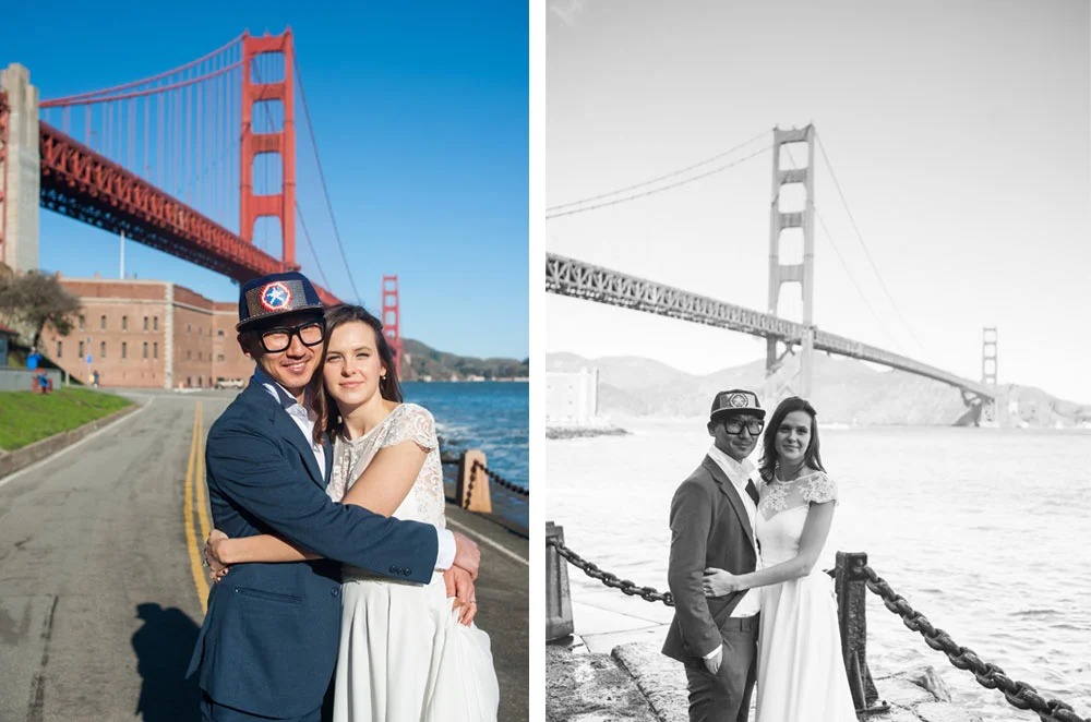 Two portraits of newlywed couple at Fort Point in San Fracnisco