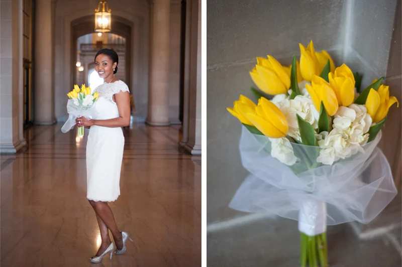 Portrait of bride at San Francisco City Hall holding bouquet of yellow tulips