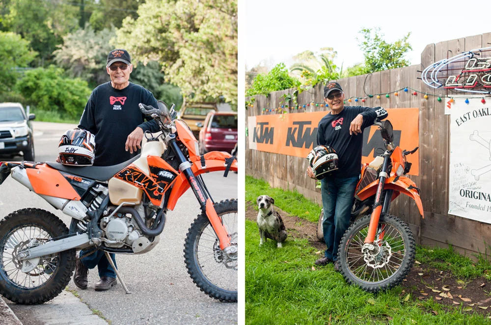 Portrait of older man with dirt bike in Oakland