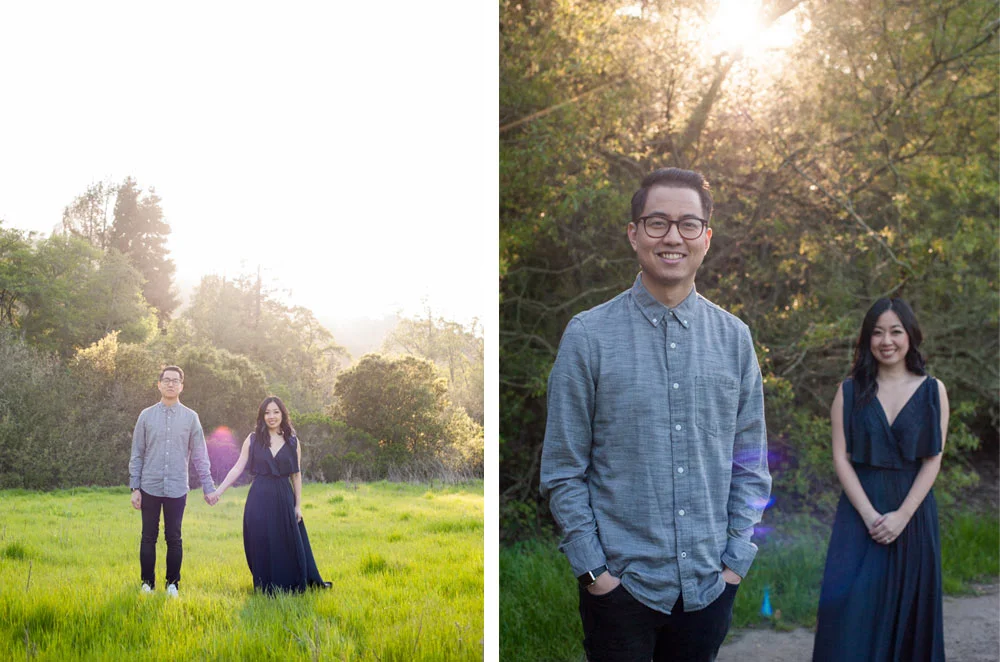 Two portraits of engaged couple in Tilden Park