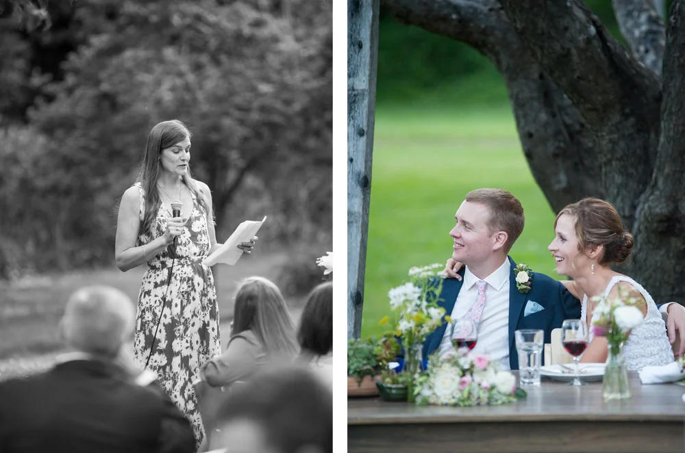 Sister of groom giving toast with couple watching
