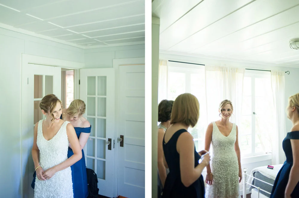 Bride getting into wedding dress before ceremony at Dawn Ranch