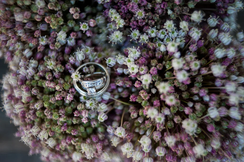 Wedding rings on tiny flowers