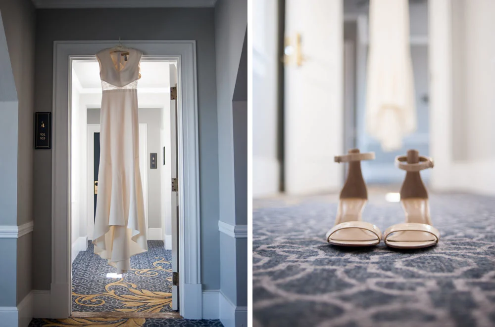 Detail of wedding dress and shoes in the Claremont Hotel in berkeley