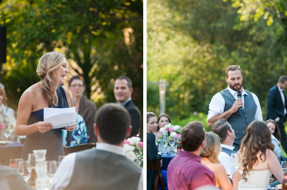 Maid of honor and officiant giving toasts at wedding
