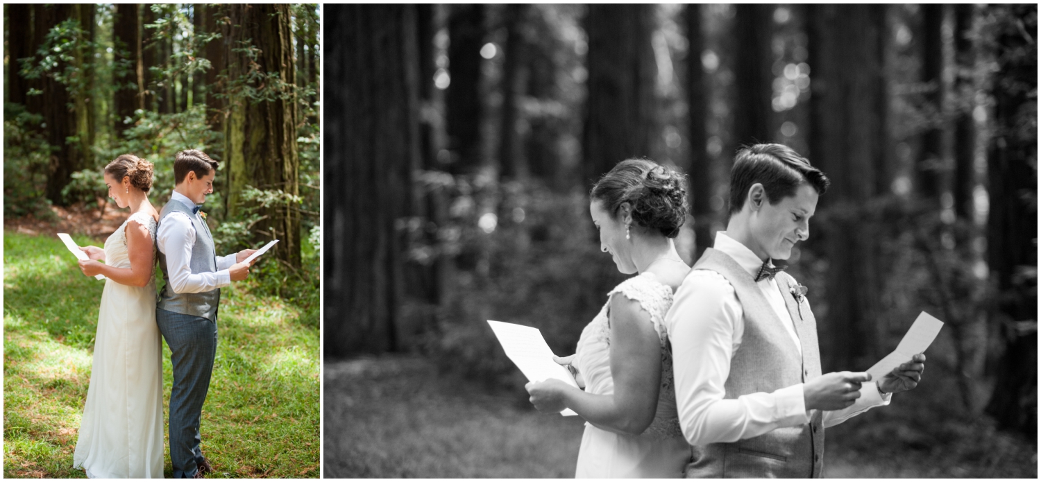 Wedding couple reading each other's letters in Oakland redwood grove before wedding