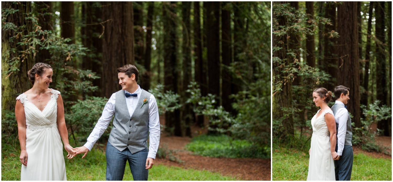 First look in the redwoods before wedding in Oakland Hills