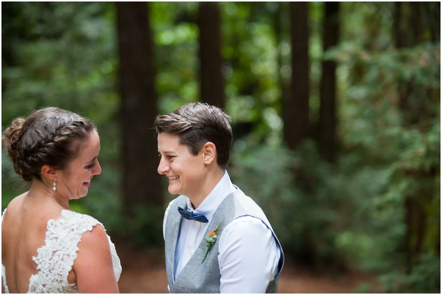 Happy same sex couple before Redwood wedding in Oakland hills