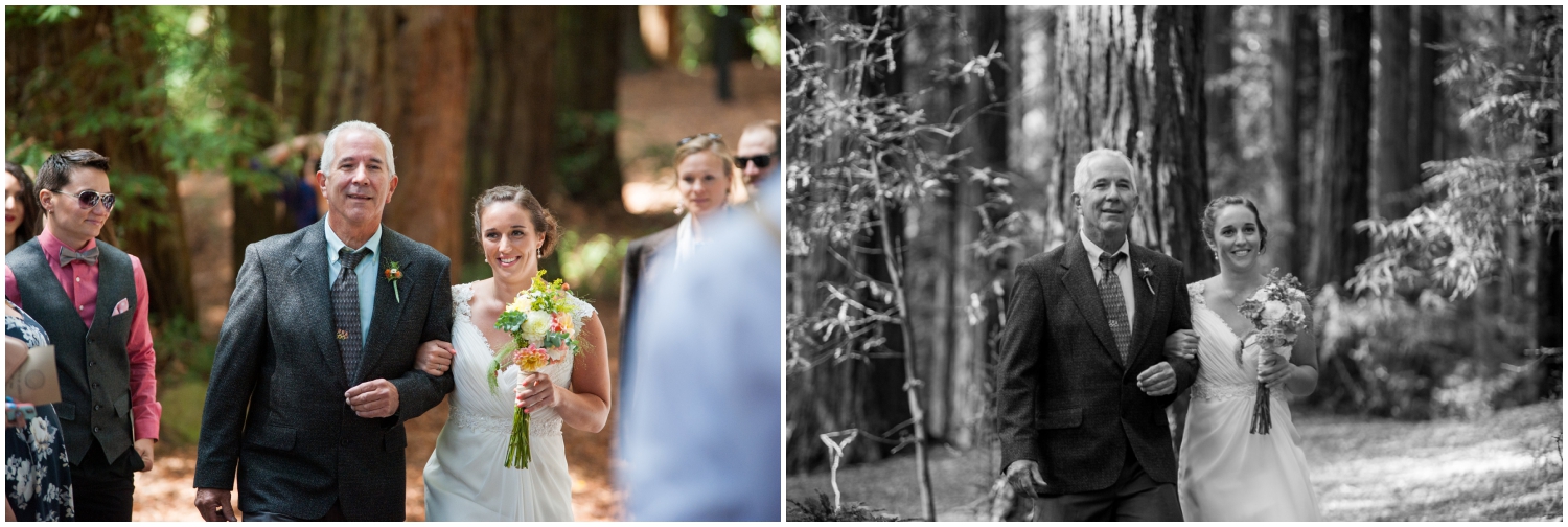 Father of bride walking daughter down the aisle in redwood grove
