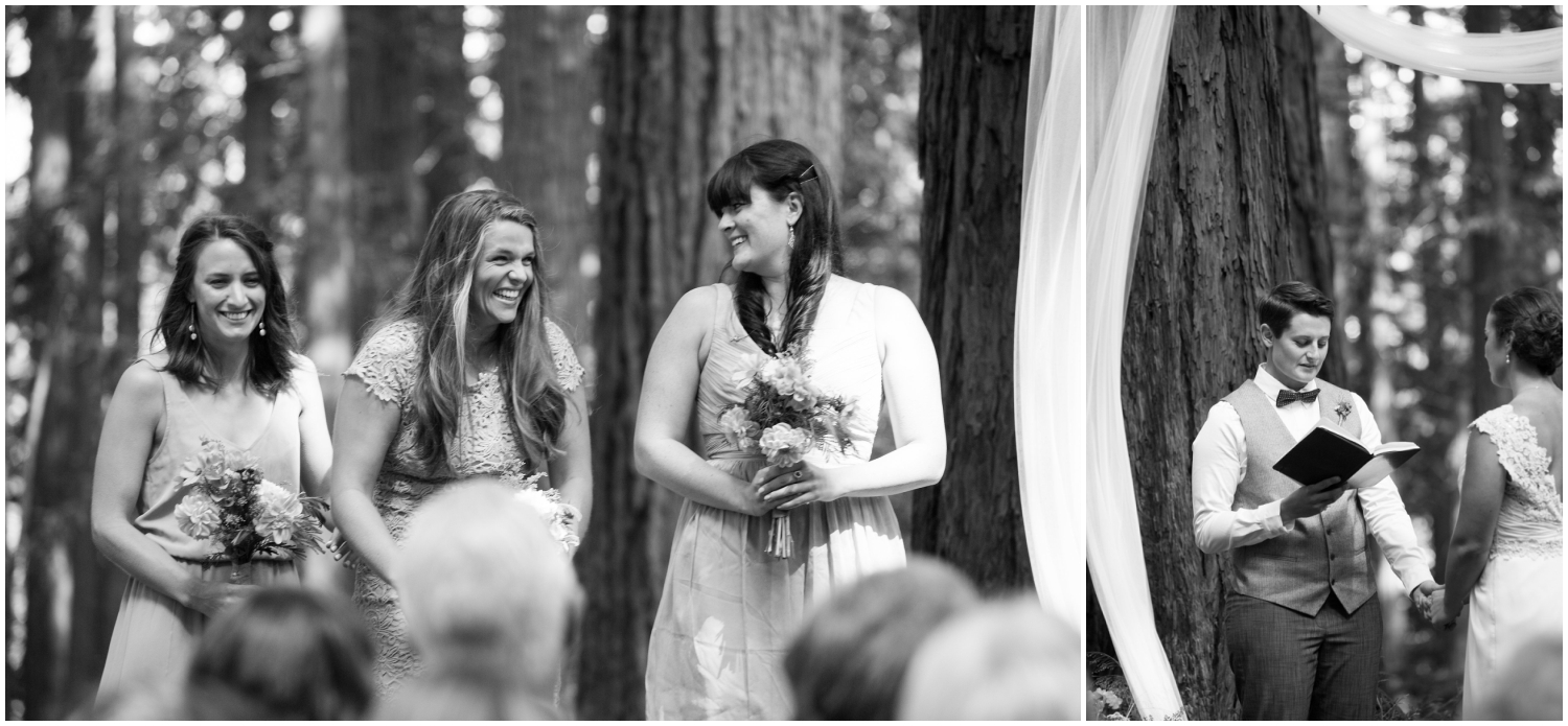 Happy bridesmaids during wedding in Oakland Hills redwoods