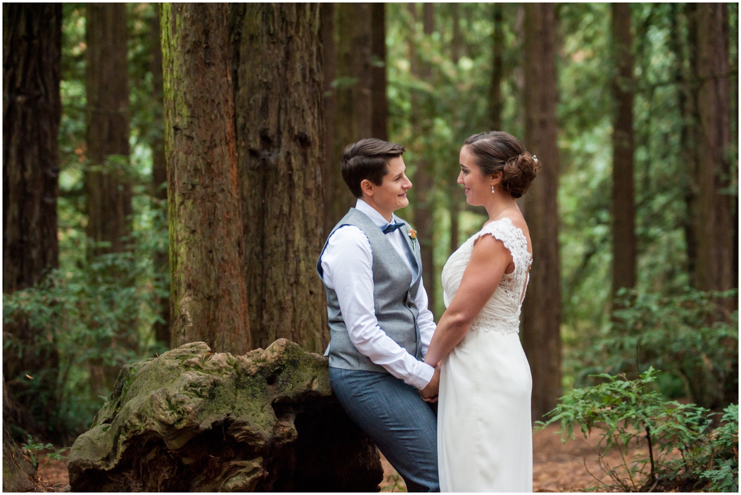 Portrait of just married couple in the Oakland Hills