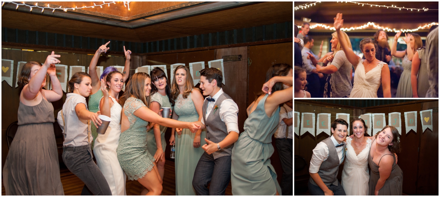 Portraits of wedding party being silly at Sequoia Lodge receptions