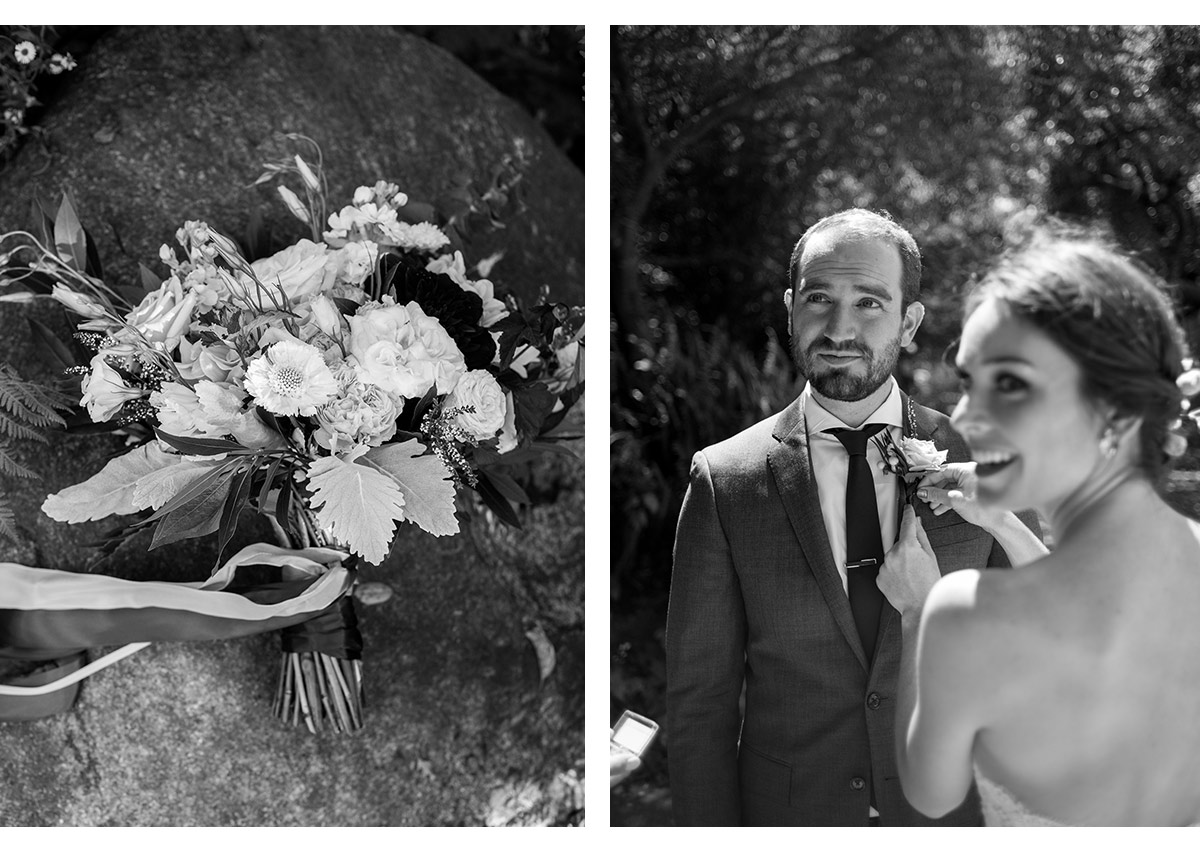 Detail of bouquet and bride applying boutonnière