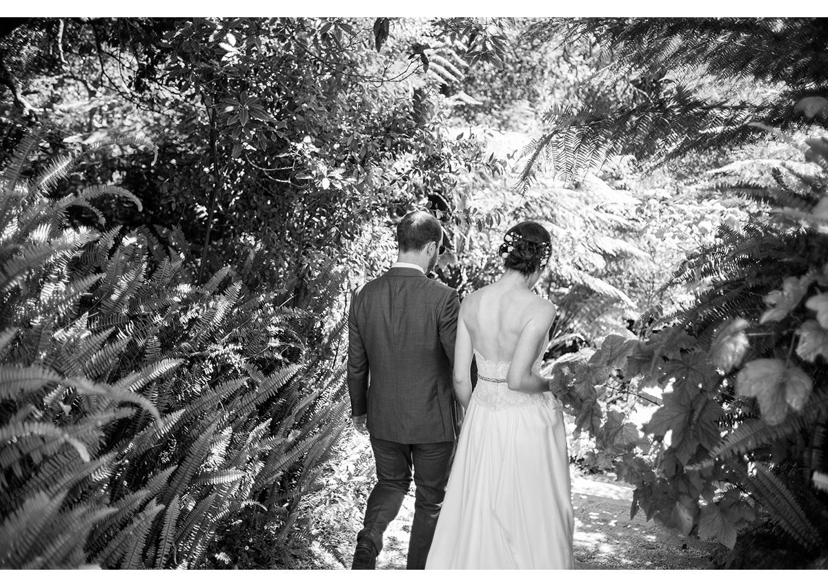 Bride and Groom walking through fern grove in Golden Gate Park