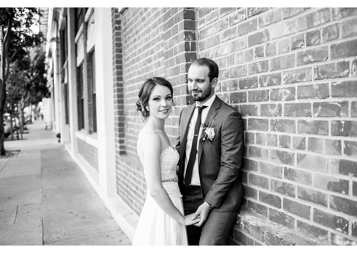 Portrait of bride and groom in San Francisco dogpatch neighborhood