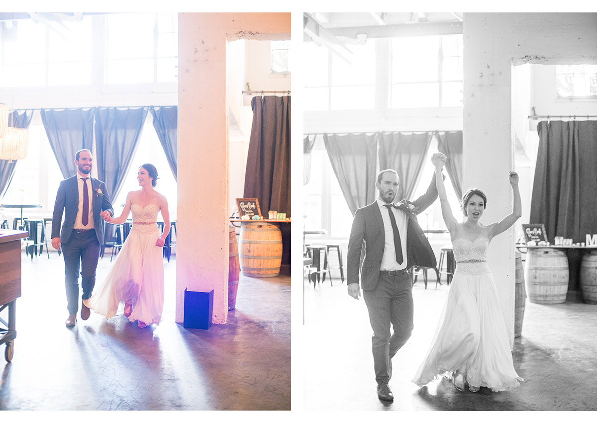 Bride and Groom walking in to wedding reception at Dogpatch Wineworks