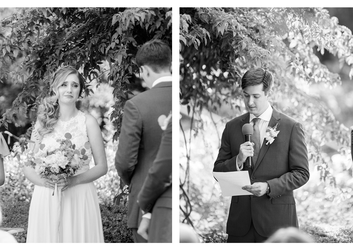 Bride listening to Groom recite his vows during wedding ceremony