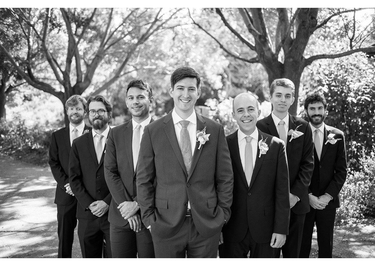 Black and white of groom and groomsmen
