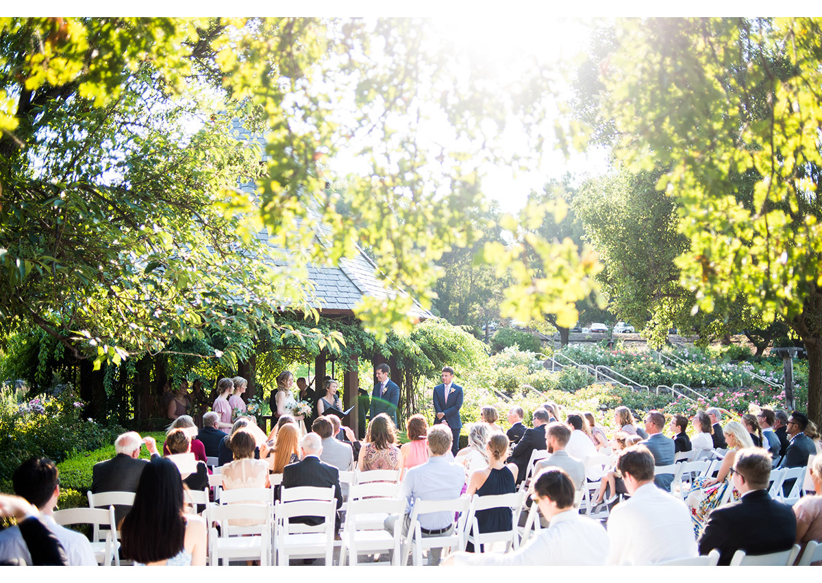 Sun filled photo of ceremony site at Heather Farm gardens
