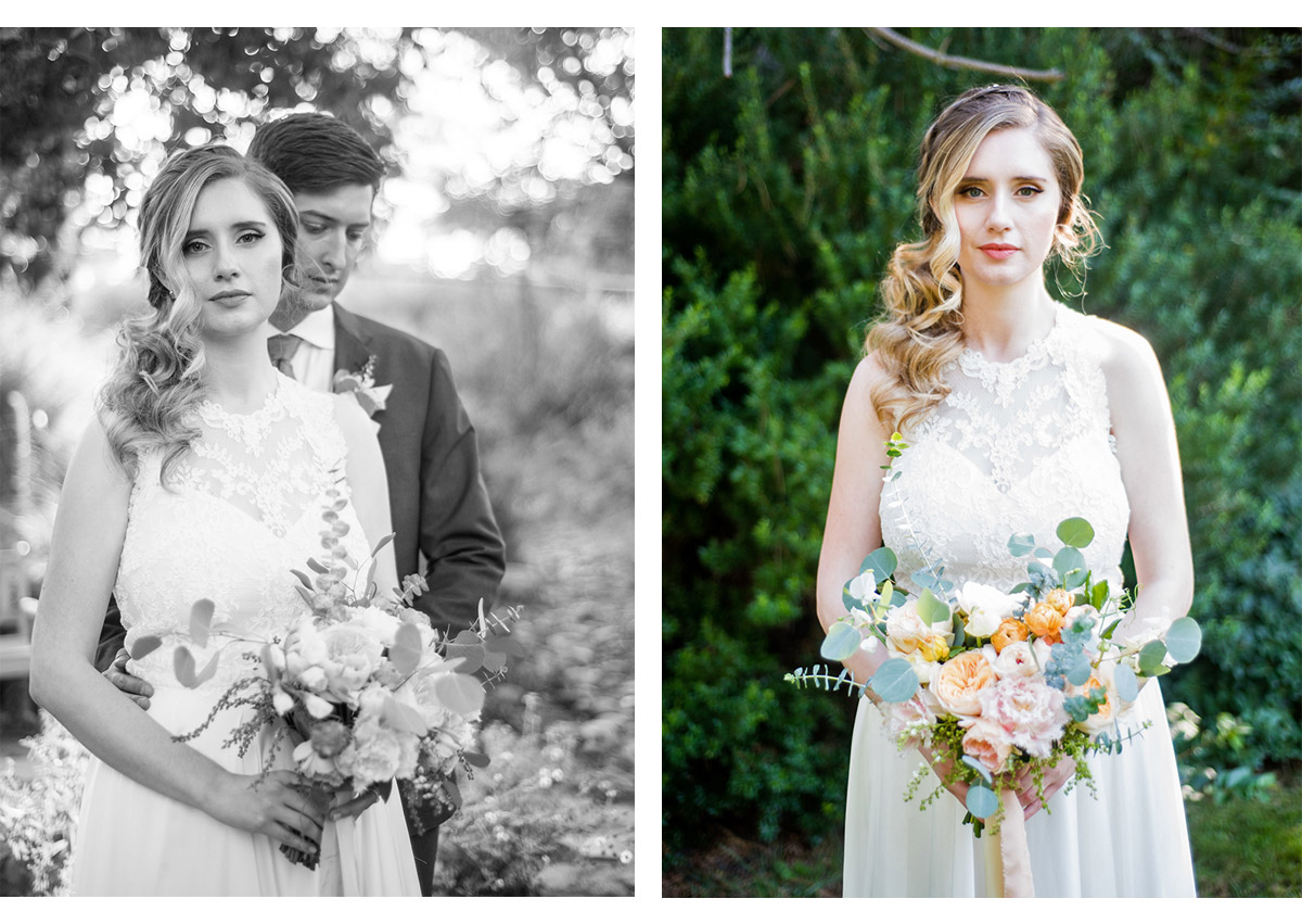 Side by side portraits of bride and groom